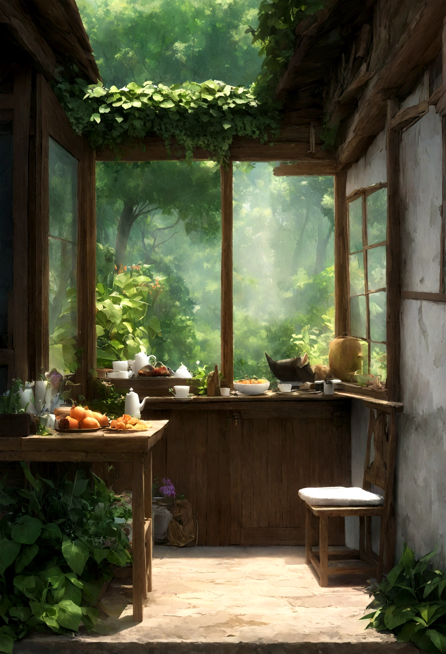(quarto,Morning,aldeia rural,adolescente),Fotorrealista:1.37,high resolution,ultra-detalhado,lindos olhos detalhados,long eyelashes,clima tropical,traditional indonesian house,mosquito net,luz solar nebulosa,ambiente tranquilo,ar fresco,tapete tecido tradicional,birds chirping,wooden furniture,light streaming through the window,colorful floral patterns on the walls,atmosfera serena,small traditional wooden boat on the river nearby,lush vegetation,Coqueiros,som distante de galos,porta de madeira cuidadosamente esculpida,obras de arte tradicionais nas paredes,traditional indonesian breakfast on a tray,hot cup of steaming tea+luz solar quente entrando pela janela,folhas farfalhantes,ambiente tranquilo. Uma garota adolescente sentada usando notebook