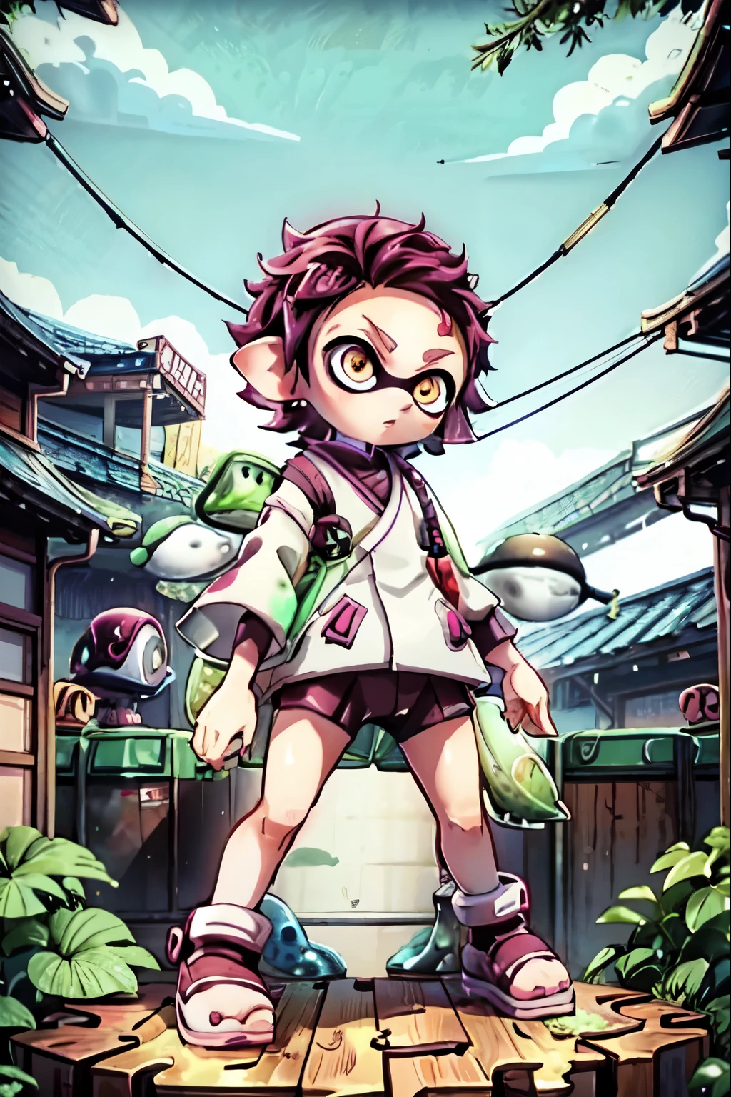 (crane),((Splatoon Girl)), Golden Eyes、tanjiro&#39;s cosplay、Men&#39;s Center, Black tentacle hair、Short tentacle hair、Big Breasts、arms,((alone)),Japanese anime style,Demon Killer Uniform,Frowning,(Holding sword:1.3),sword,
((highest quality,masterpiece)),(Outdoor),(full_body),