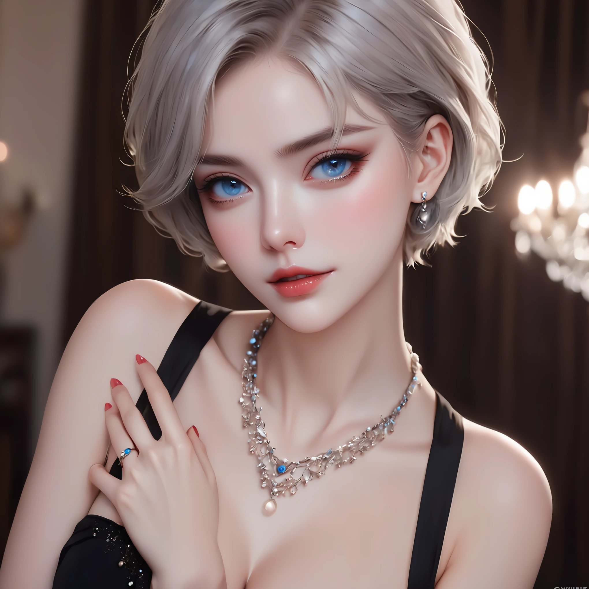 Blonde woman with blue eyes wearing necklace posing for photo, 8k high quality detailed art, 8K Artistic German Bokeh, realistic art style, Surreal style, Realistic anime 3D style, [ 4K Reality ]!!, realistic art style, [ 4K Reality ]!!!, 8k portrait rendering, Artwork in the style of Guweiz