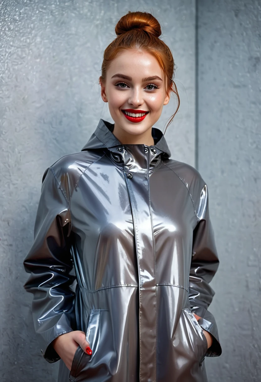 hyperrealistic beautiful busty 19-year-old woman with long legs wearing pvc vinyl raincoat, model shooting full body photography, natural redhead classic bun, freckles, soaky wet skin, dark eye makeup with eyeliner, seductive smile, red lips, 8K, Best quality, Meisterwerk, ultra high resolution, (Realismus: 1.4), Originalfoto, (realistische Hautstruktur: 1.3), (Filmkorn: 1.3), (Selfie-Winkel), 1 girl, Beautiful round hazel eyes and facial details, Meisterwerk, Best quality, indoor photography in front of a shiny leather wall, nsfw