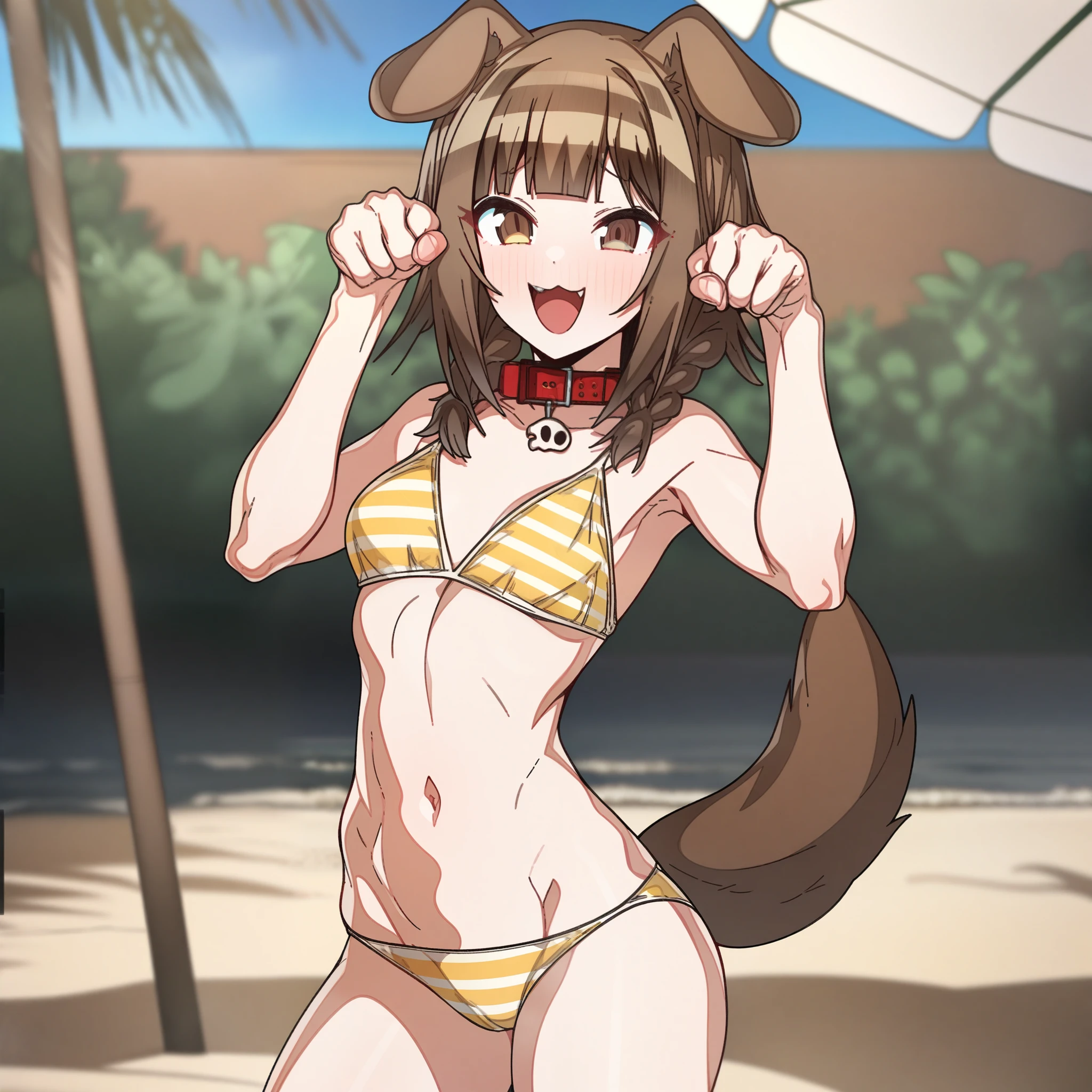 gawr_gura with brown hair and brown eyes, Artist, erere, Copyrights, idolmaster, idolmaster_shiny_colors, Character, General, 1girl, brown_hair, blunt_bangs, blush, medium_breasts, breasts, smile, brown_eyes, censored, striped bikini, yellow_bikini, frilled_bikini, navel, dog_tail, animal_collar, twin_braids, dog_ears, bone_hair_ornament, raised_eyebrows, paw_pose, :d:0.5, teeth, raised_eyebrows, (full_body) (standing in middle, beach_umbrella), sky:0.5, detailed, sand, outdoors, from_side, looking_at_viewer, masterpiece, best_quality, great_quality, girl, solo, center_composition, centered character, cute