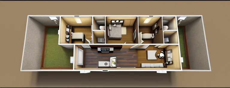 a drawing of a floor plan of a two bedroom apartment, floor plan, floor plan view, layout, architectural plan, plan drawing, layout of map, 2 5 6 x 2 5 6, 256x256, plan, single floor, overhead ground floor, petspective room layout, layout design, building plans, 2 d overhead view, floor b2, Drawing the interior of the house on the floor plan of 5m wide, 20.4m long, 600 x 600 mm wooden tiles, modern brown cowhide leather sofa living room, bedroom combined with walnut cabinets, kitchen with stone pedestal , white sink, yellow tiled toilet, wooden door, washing machine, refrigerator, raw image, high quality image, create window with best daylight, EU5 quality render
