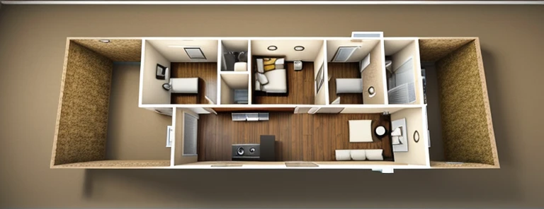 a drawing of a floor plan of a two bedroom apartment, floor plan, floor plan view, layout, architectural plan, plan drawing, layout of map, 2 5 6 x 2 5 6, 256x256, plan, single floor, overhead ground floor, petspective room layout, layout design, building plans, 2 d overhead view, floor b2, Drawing the interior of the house on the floor plan of 5m wide, 20.4m long, 600 x 600 mm wooden tiles, modern brown cowhide leather sofa living room, bedroom combined with walnut cabinets, kitchen with stone pedestal , white sink, yellow tiled toilet, wooden door, washing machine, refrigerator, raw image, high quality image, create window with best daylight, EU5 quality render