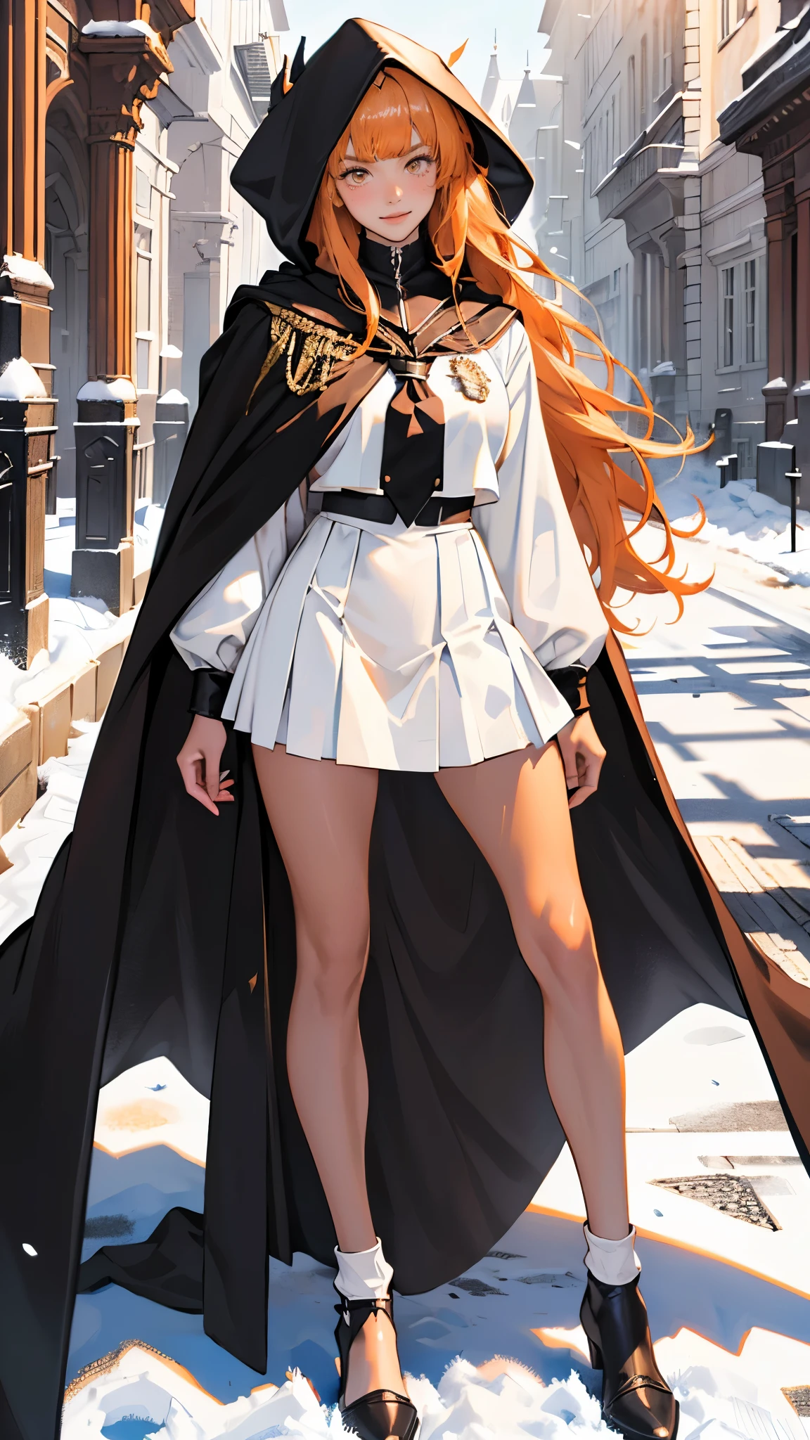 (girl), masterpiece, ultra detailed, 8K Portrait, Raw photo, woman's portrait photography, full body, Highly detailed face, mischievous childish smile, blush, ((Fantasy)), ((young)), , 160cm, (((student))), ((tanned skin)), (((dark orange colored long straight hair))), (((blunt bangs))), hair ornament, (((black silk long cloak))) Fluttering in the wind, (high school dark white uniform:1.5), Plaid short skirt, Midday sun, Hyper realistic, Slender body, by the snowy castle, Ambient lighting, Shadow details, Camera focus on face, strong breeze, Light fog