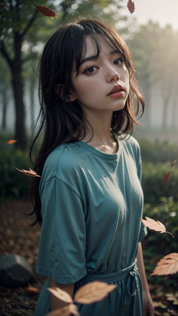 (High Detail:1.2) Anime Girl, (Cinematic Lighting, Delicate Colors), (Falling Leaves:1.2), Lighting Calm, Wind, Fog. Turquoise, delta tones.