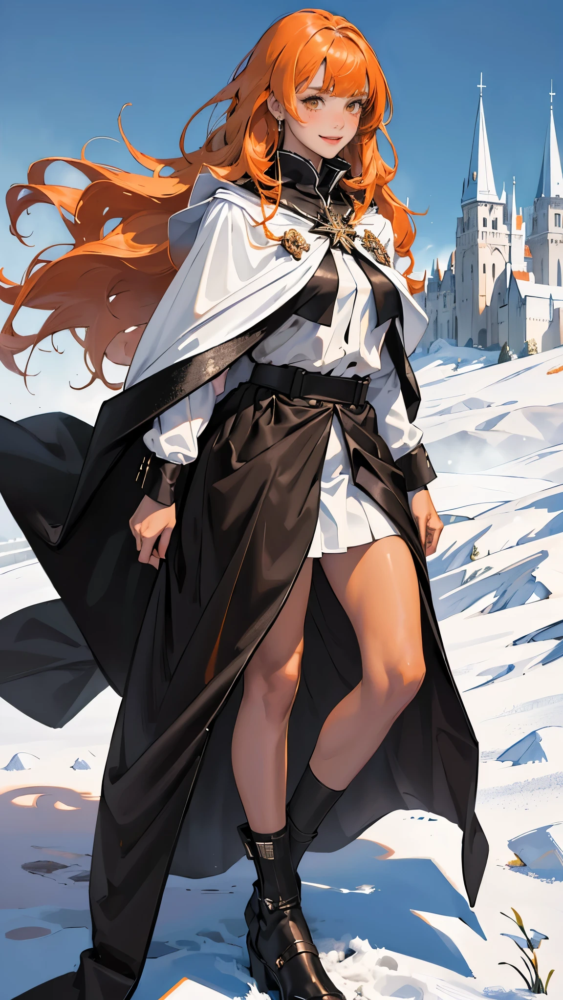 (girl), masterpiece, ultra detailed, 8K Portrait, Raw photo, woman's portrait photography, full body, Highly detailed face, mischievous childish smile, blush, ((Fantasy)), ((young)), 17 years old, 160cm, (((student))), ((tanned skin)), (((dark orange colored long straight hair))), (((blunt bangs))), hair ornament, (((black silk long cloak))) Fluttering in the wind, (high school dark white uniform:1.5), Plaid short skirt, Midday sun, Hyper realistic, Slender body, by the snowy castle, Ambient lighting, Shadow details, Camera focus on face, strong breeze, Light fog