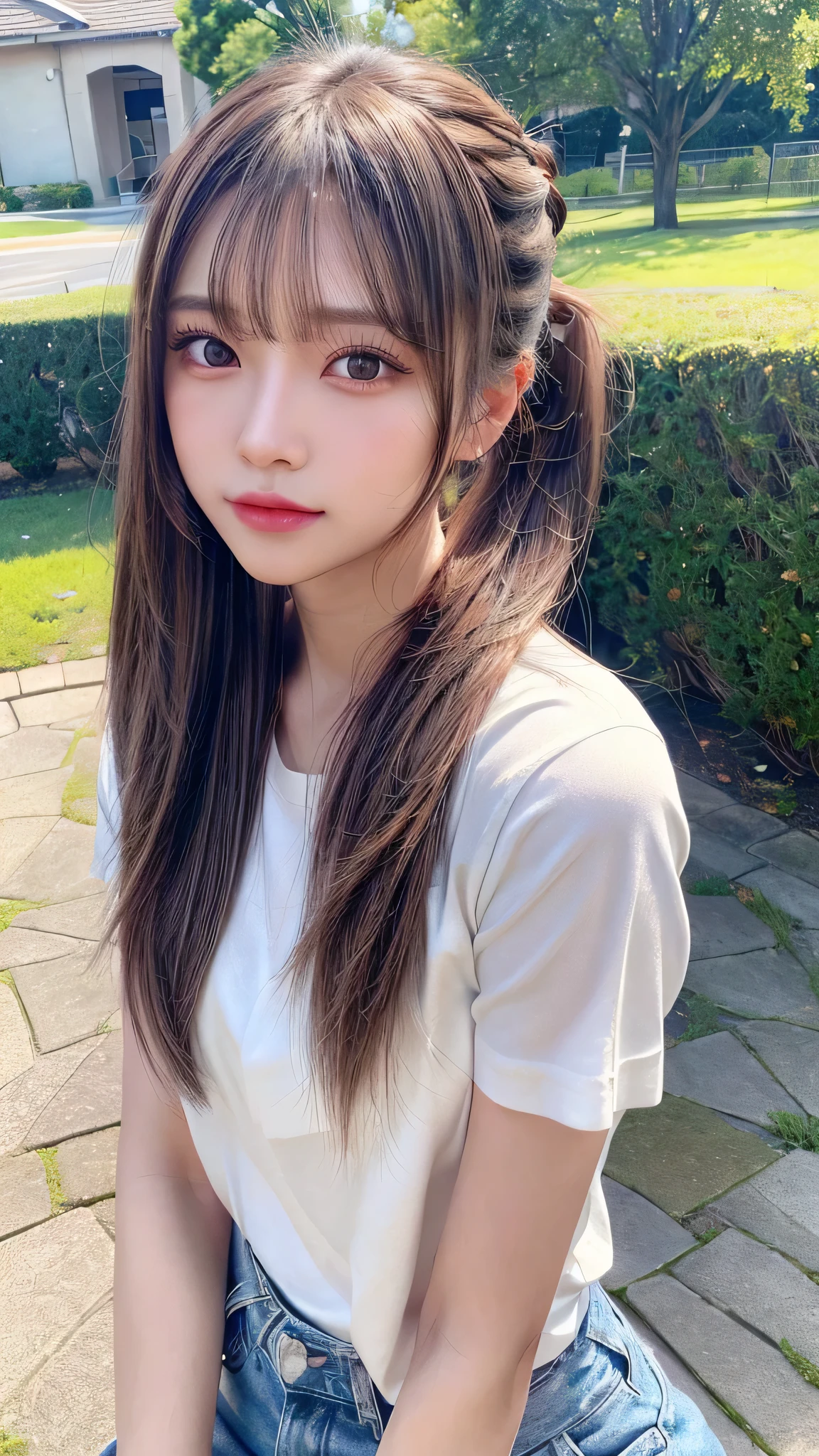 White T-shirt and jeans,outdoors,Urban Park,On the lawn,Outdoor,Close-up of face,Outdoor,Blushing,Facing forward,,Long hair ponytail,((8K, Raw photo, Best Quality, Mastepiece:1.2), (Realism, Photorealistic:1.4), (Highly detailed 8k wallpaper), Depth of written boundary, Cinematic Lighting, Soft Light, Detailed Beauty Eye,Shiny and smooth light brown ponytail, Asymmetrical bangs, Shiny skin, Ultra-detailed skins ,It is high resolution., High detail, Detailed hairstyle, Detailed facial beauty, Hyper-realistic, Perfect limbs, Perfect Anatomy ,1 Japanese girl,Famous Japanese Idols, Perfect female body,A shy smile,Short eyelashes,Double-edged eyelids,Look straight here,Hair style: ponytail,