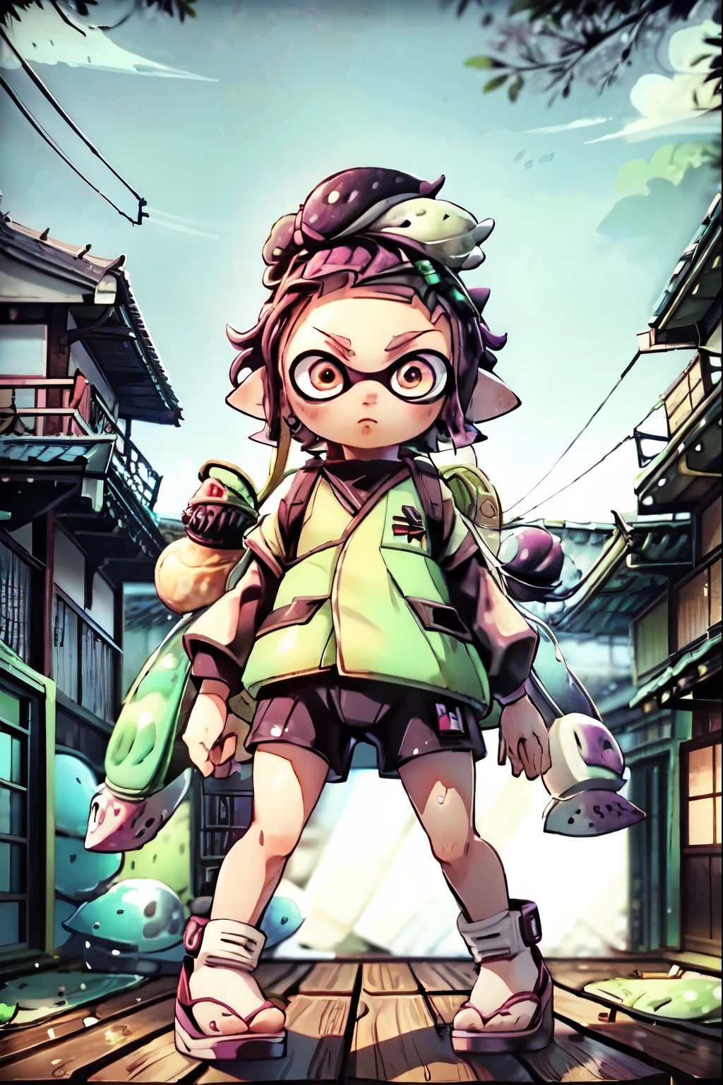 (crane),((Splatoon Girl)), Golden Eyes、tanjiro&#39;s cosplay、Men&#39;s Center, Black tentacle hair、Short tentacle hair、Big Breasts、arms,((alone)),Japanese anime style,Demon Killer Uniform,Frowning,(Holding sword:1.3),sword,
((highest quality,masterpiece)),(Outdoor),(full_body),