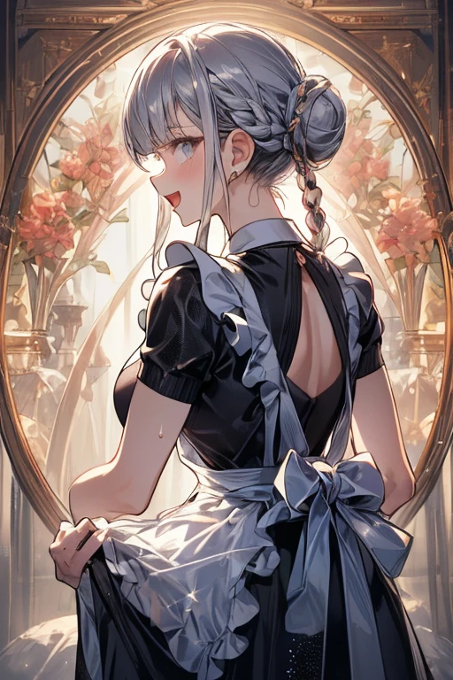 1 girl, Grayfia Lucifuge, standing, lifting up her maid skirt to show her butt, maid uniform, facing away from viewer 
