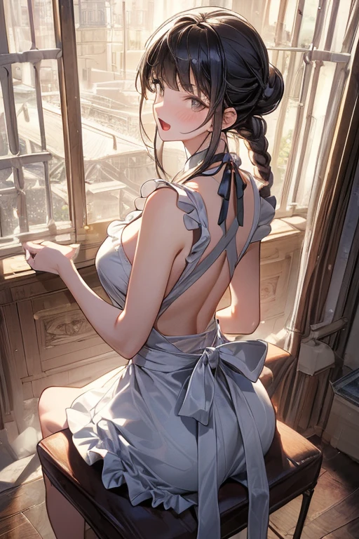 (from above:1.2),(from side:0.9),(A masterpiece of image quality in 8K),(Beautiful Allafed Woman),(((emphasizing breasts:1.1))),(Dynamic angles),(Dynamic and sexy bending pose:1.3),(sit a chair:1.1),(Short hair in shiny silver and orange inner colors,small full breasts,Disturbance of clothing due to movement,breast slip,(Ponytail twisted buns adorned with elaborate braids and beads,Braided Setup Fishbone Hair,),(see-through bangs),(perky chest:1.1), (pointed chest:1.3), small breasts、(((A white lace apron that shows your bare skin from under your small breasts)))、Blush with embarrassment、Enraptured eyes、A smile that beguiles the viewer、(Look back:1.7)、Look into the photographer,skin glistening with sweat,gazing at viewer,,(Professional Lighting),(8K,masutepiece,top-quality,Ultra-high resolution output image,),(Ultra HD with complex detail image modes),depth of fields,Beautiful hands,Beautiful fingers,Detailed finger features,(Detailed hair features:1.7),detailed facial features,detailed clothes features, (perky chest:1.1), (pointed chest:1.3), seductive weak smiling,(with sparkling eyes and a contagious smile),little open mouth,