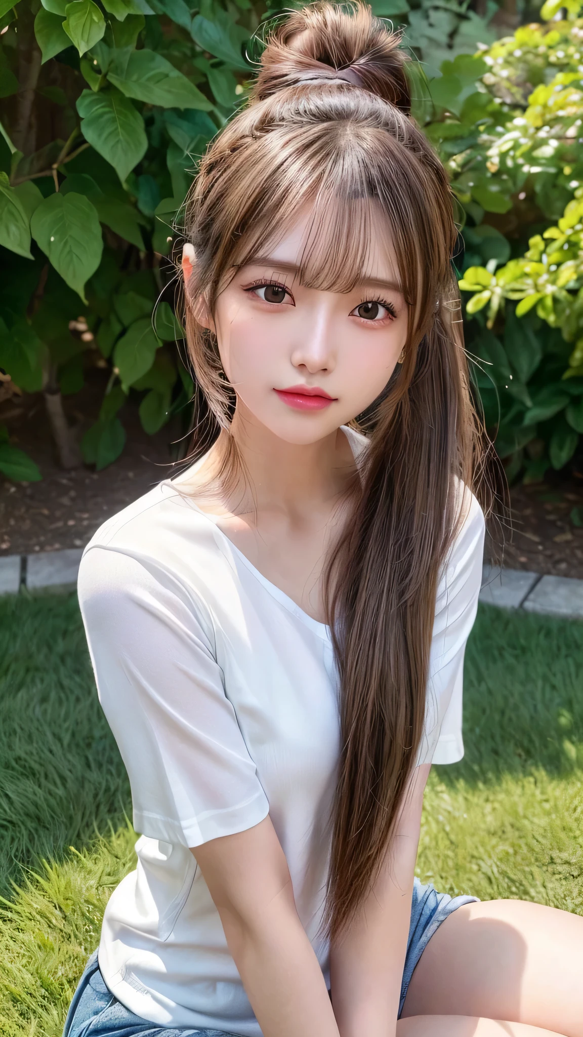 White T-shirt and jeans,outdoors,Urban Park,On the lawn,Outdoor,Close-up of face,Outdoor,Blushing,Facing forward,,Long hair ponytail,((8K, Raw photo, Best Quality, Mastepiece:1.2), (Realism, Photorealistic:1.4), (Highly detailed 8k wallpaper), Depth of written boundary, Cinematic Lighting, Soft Light, Detailed Beauty Eye,Shiny and smooth light brown ponytail, Asymmetrical bangs, Shiny skin, Ultra-detailed skins ,It is high resolution., High detail, Detailed hairstyle, Detailed facial beauty, Hyper-realistic, Perfect limbs, Perfect Anatomy ,1 Japanese girl,Famous Japanese Idols, Perfect female body,A shy smile,Short eyelashes,Double-edged eyelids,Look straight here,Hair style: ponytail,