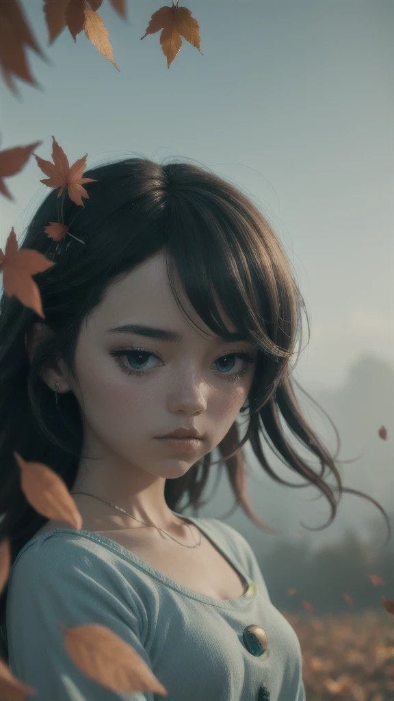 (High Detail:1.2) Anime Girl, (Cinematic Lighting, Delicate Colors), (Falling Leaves:1.2), Lighting Calm, Wind, Fog. Turquoise, delta tones.