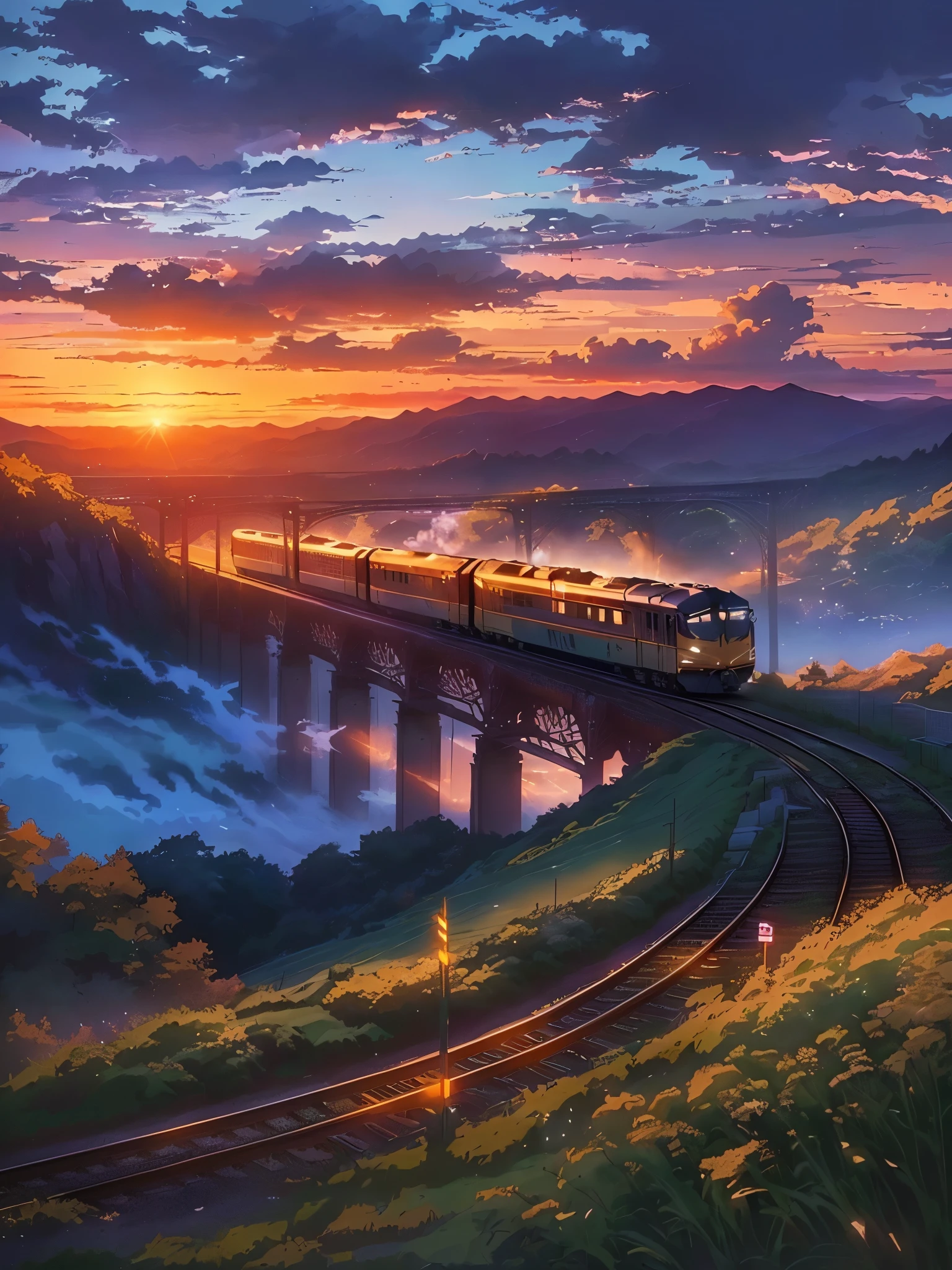 anime scenery of a train crossing a bridge over a valley, beautiful anime scene, beautiful anime scenery, style of makoto shinkai, by Makoto Shinkai, by makoto shinkai, ( ( makoto shinkai ) ), studio glibly makoto shinkai, mokoto shinkai, makoto shinkai. —h 2160