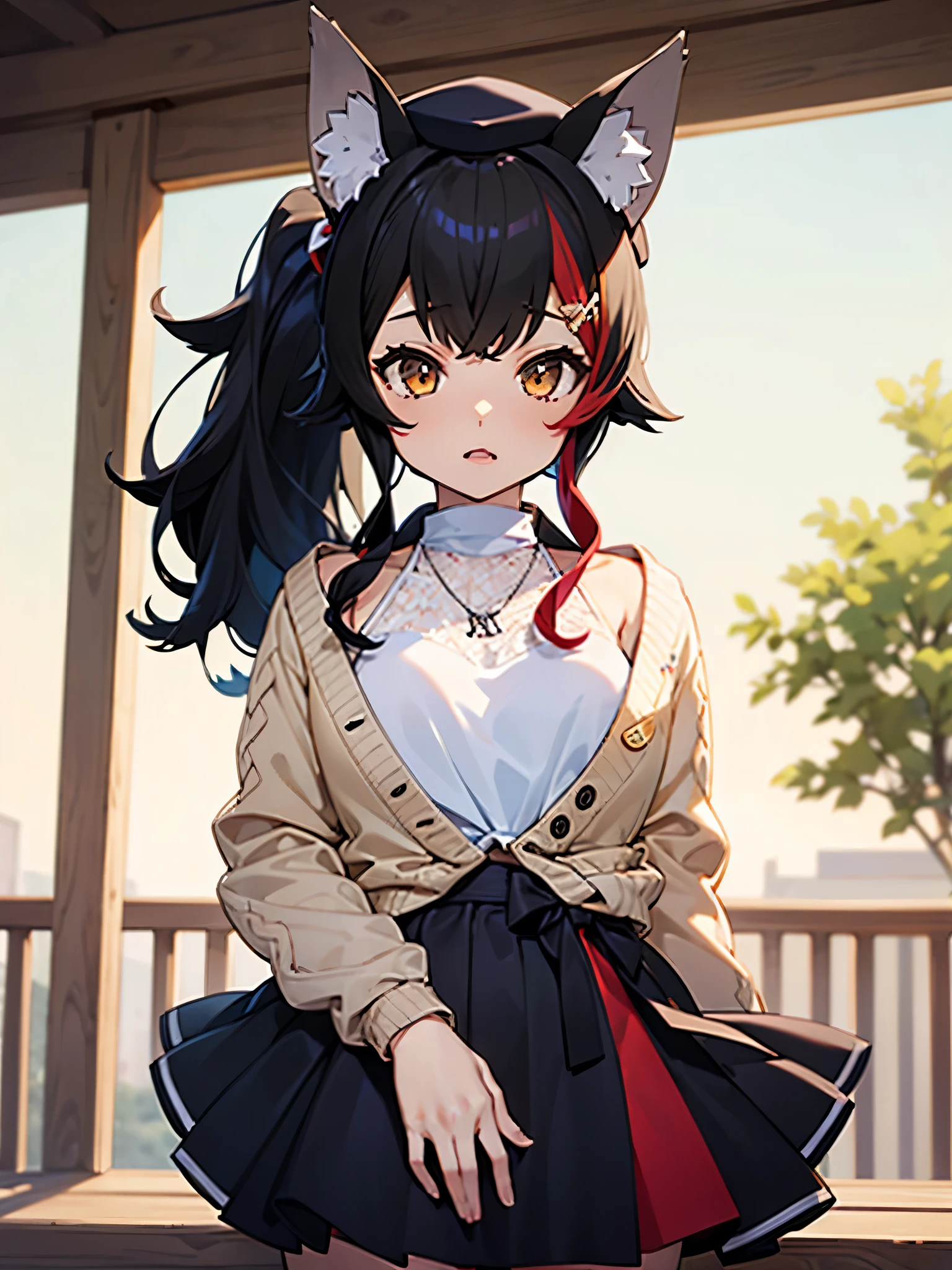 NSFW,miosha1、Barrette、Side Blade、ponytail、hat、beret、Wolf Tail、Black Skirt、White Shirt、necklace、Sleeveless shirt、cardigan,(Perfect hands),(Perfect Anatomy),(masterpiece),(highest quality)