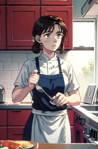  super fine illustration, highly detailed, dynamic angle, beautiful detailed, 8k, During lunch time, a kitchen as busy as a battlefield. BREAK A female chef is working hard, with a stern expression. BREAK She is using a frying pan and standing in front of the stove. BREAK Wearing a chef's coat and a tall chef's hat, her hair is short and neatly tied back. (Lora:1.3),{masterpiece},{highquality},{Super detailed},{Perfect Face}