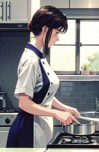  super fine illustration, highly detailed, dynamic angle, beautiful detailed, 8k, During lunch time, a kitchen as busy as a battlefield. BREAK A female chef is working hard, with a stern expression. BREAK She is using a frying pan and standing in front of the stove. BREAK Wearing a chef's coat and a tall chef's hat, her hair is short and neatly tied back. (Lora:1.3),{masterpiece},{highquality},{Super detailed},{Perfect Face}