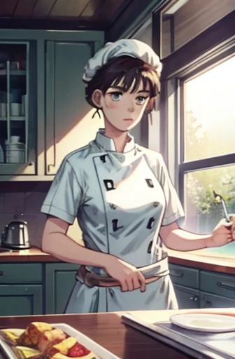  super fine illustration, highly detailed, dynamic angle, beautiful detailed, 8k, During lunch time, a kitchen as busy as a battlefield. BREAK A female chef is working hard, with a stern expression. BREAK She is using a frying pan and standing in front of the stove. BREAK Wearing a chef's coat and a tall chef's hat, her hair is short and neatly tied back. (Lora:1.3),{masterpiece},{highquality},{Super detailed},{Perfect Face}