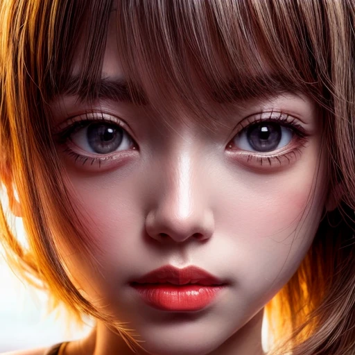 Tiny girl、Tropical Beach、evening、Stroll along the beach、(Gazing at the colorful sunset)、(Orange rays illuminating face, close-up:1.7)、beltbra, (((Extremely detailed NOGIZAKA face))), perfect anatomy, Childish, captivating gaze, elaborate detailed Eyes with (sparkling highlights:1.2), long eyelashes、Glossy RED Lips with beautiful details, Coquettish tongue, Rosy cheeks, (Radiant natural skin) with clear transparency . { (Dynamic joyful expressions) | :d) }, Random hair color .