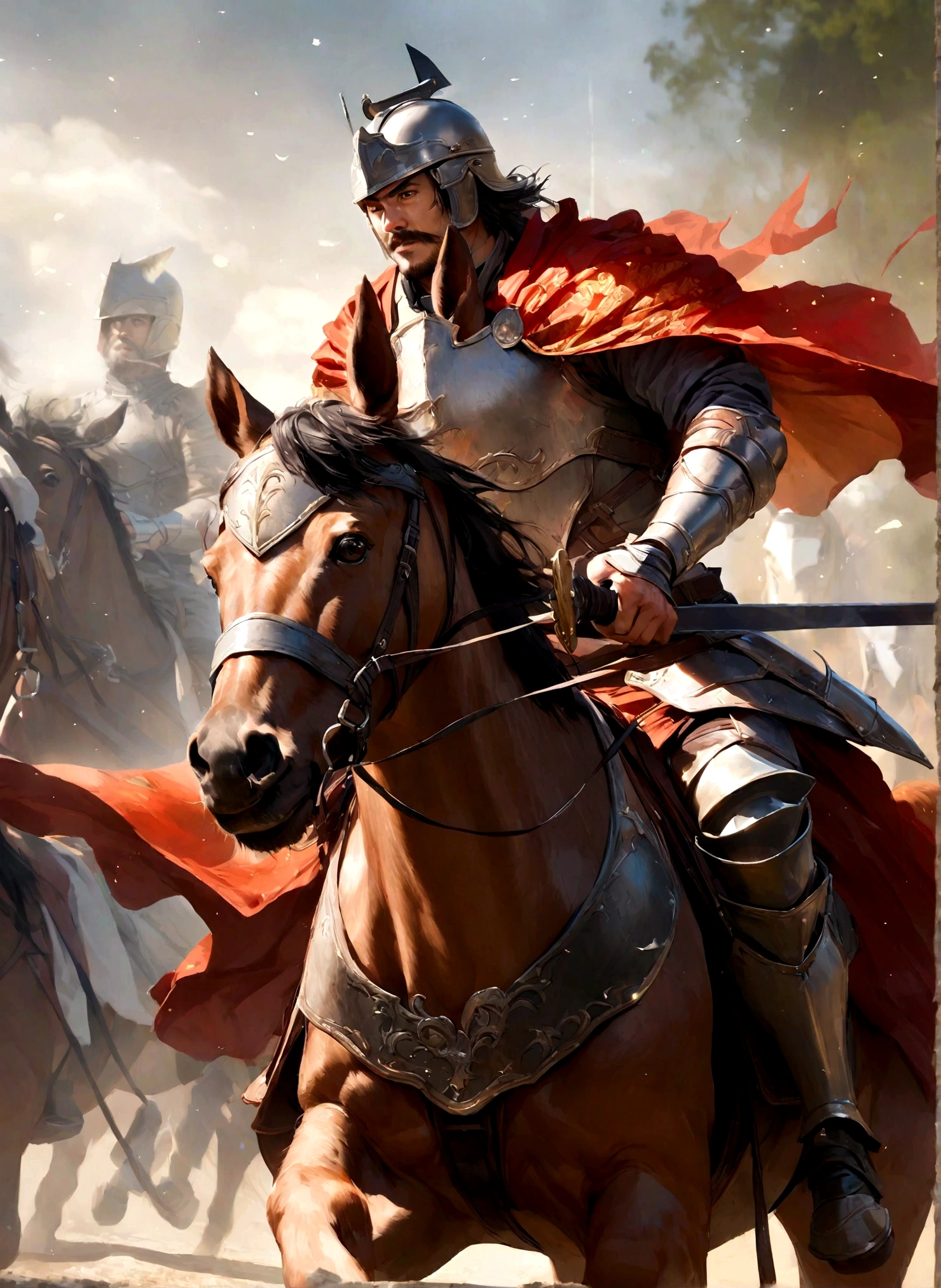 solo, black hair, 1boy, helmet, holding, weapon, male focus, sword, cape, armor, facial hair, beard, realistic, mustache, riding, horse, horseback riding