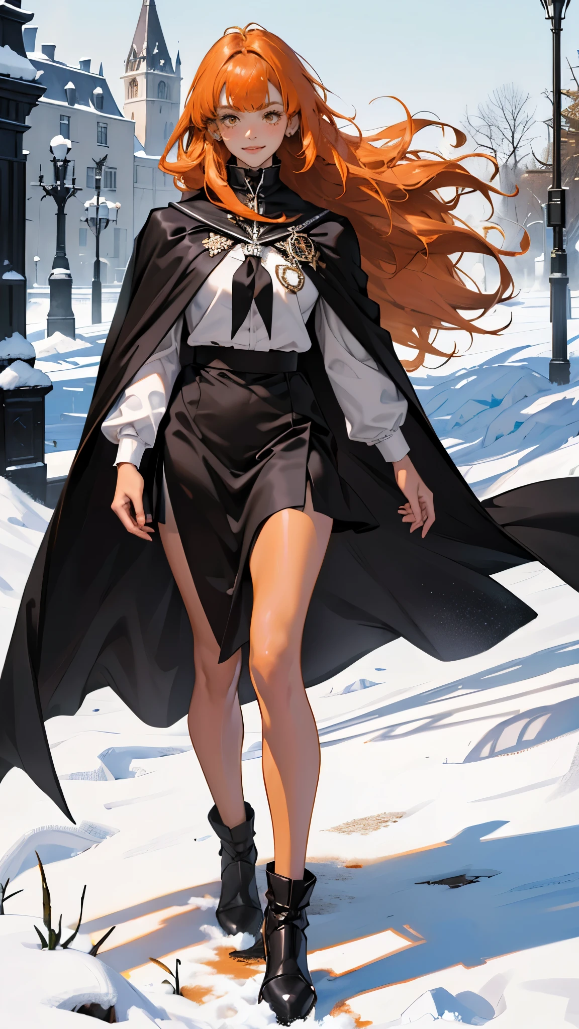 (girl), masterpiece, ultra detailed, 8K Portrait, Raw photo, woman's portrait photography, full body, Highly detailed face, mischievous childish smile, blush, ((Fantasy)), ((young)), 17 years old, 160cm, (((student))), ((tanned skin)), (((dark orange colored long straight hair))), (((blunt bangs))), hair ornament, (((black silk long cloak))) Fluttering in the wind, (high school dark white uniform:1.5), Plaid short skirt, Midday sun, Hyper realistic, Slender body, by the snowy castle, Ambient lighting, Shadow details, Camera focus on face, strong breeze, Light fog