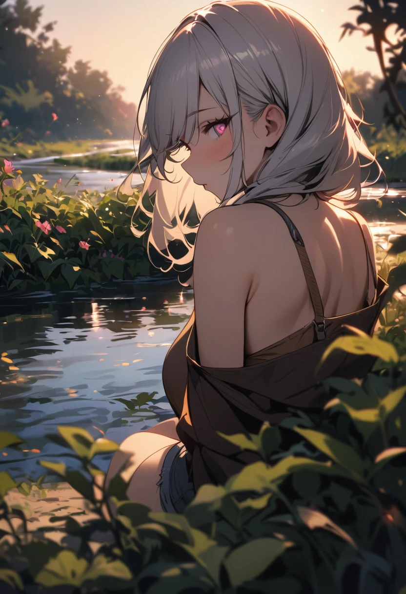 (masterpiece, Top quality), A girl with long white hair sits in a field of green plants and flowers, Warm moonlight, Blurred foreground, Change, River bank, shorts, Strange eyes