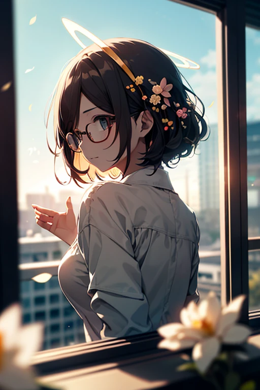 a girl wearing glasses angel halo, (out the window:1.1), (outside view:1.1), From the third person, fluttering petals, (depth of field, blurry, blurry background, bokeh:1.2)