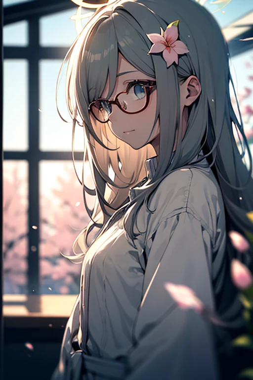 a girl wearing glasses angel halo, (out the window:1.1), (outside view:1.1), From the third person, fluttering petals, (depth of field, blurry, blurry background, bokeh:1.2)