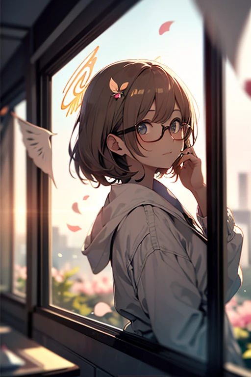 a girl wearing glasses angel halo, (out the window:1.1), (outside view:1.1), From the third person, fluttering petals, (depth of field, blurry, blurry background, bokeh:1.2)