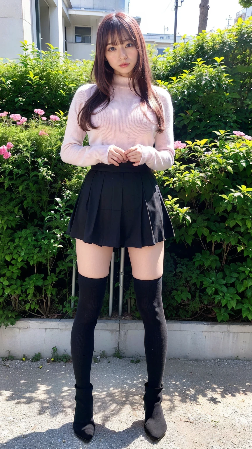 (8k、RAW Photos、highest quality、masterpiece:1.2)、(Realistic、Realistic)、1 girl、((Pink knit、Black Mini Skirt、Knee socks、、Big Breasts、boots、whole body、garden、View from the front、Looking into the camera、Standing with hands on hips))、