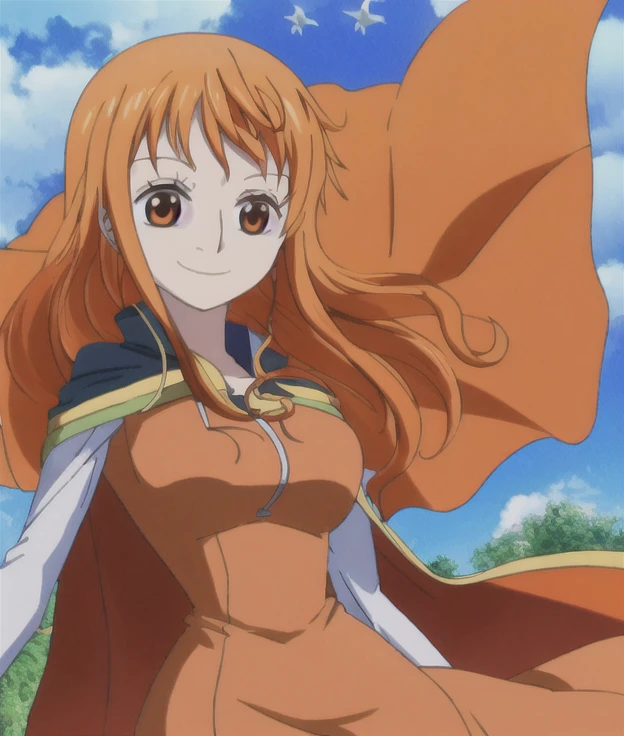 nami, long_hair, breasts, looking_at_viewer, smile, orange_hair, orange_eyes, medium_breasts, long_sleeves, dress, closed_mouth, cape, floating_hair, magic, cloud, air, casting