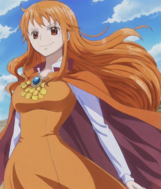 nami, long_hair, breasts, looking_at_viewer, smile, orange_hair, orange_eyes, medium_breasts, long_sleeves, dress, closed_mouth, cape, floating_hair, magic, cloud, air, casting