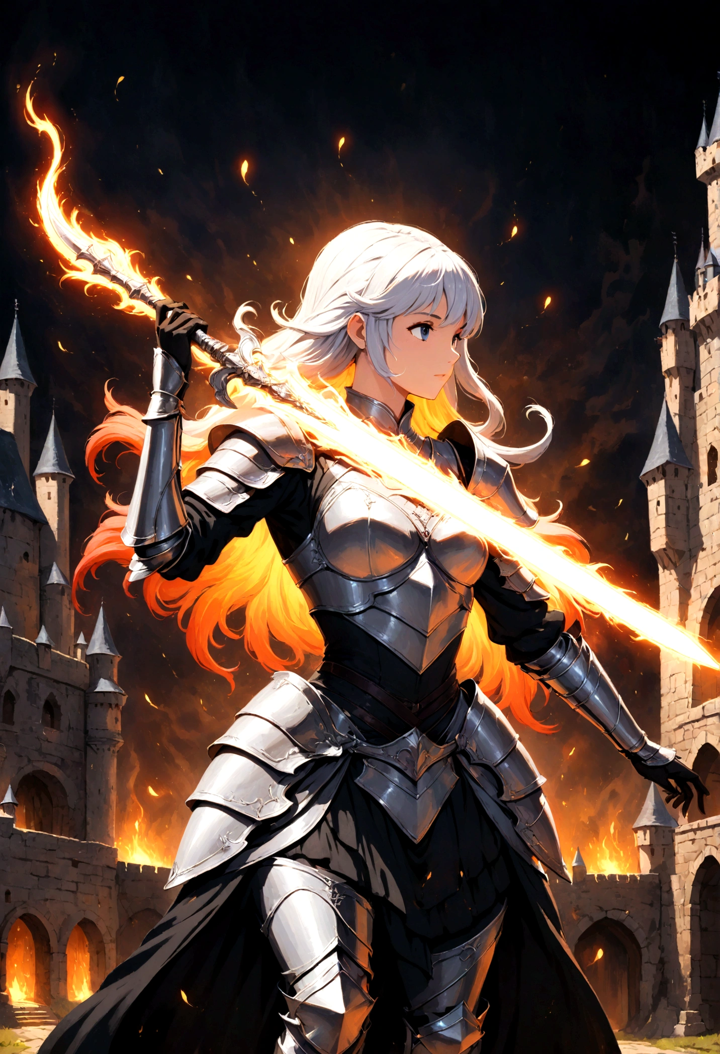 
     A beautiful female warrior is wearing silver armor and holding a glowing sword. Flying silver hair is waving a glowing sword. Swirling glowing silver aura surrounds the surroundings. Dramatic movie lighting effects. Glowing magic effects. Dynamic poses. Dark background with medieval castle.(Dark and not obvious) Ultra-detailed animation art and visual effects master&#39;s works art station, Conceptual artwork anatomy correct detailed sharp focus illustration, Art work