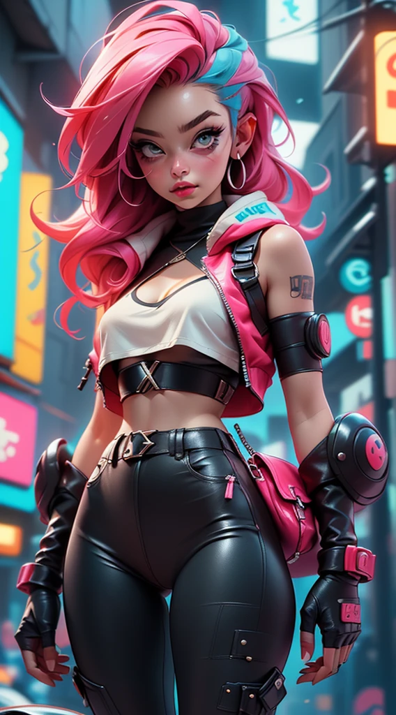 ((Best Quality, best resolution, award-winning portrait, official art)), ((perfect Masterpiece)), ((Realistic)) and ultra-detailed photography of a 1 nerdy cyberpunk girl with goth and post apocalyptic colors. She has ((long caramel-colored hair)), wears a (Harajuku-inspired cyberpunk tech-wear top) and a (Harajuku-inspired cyberpunk tech-wear bottom:1.2) , ((the most beautiful and sexy aesthetic)), small tits, cleavage showing, hot, sexy, seductive, slutty, cameltoe, 