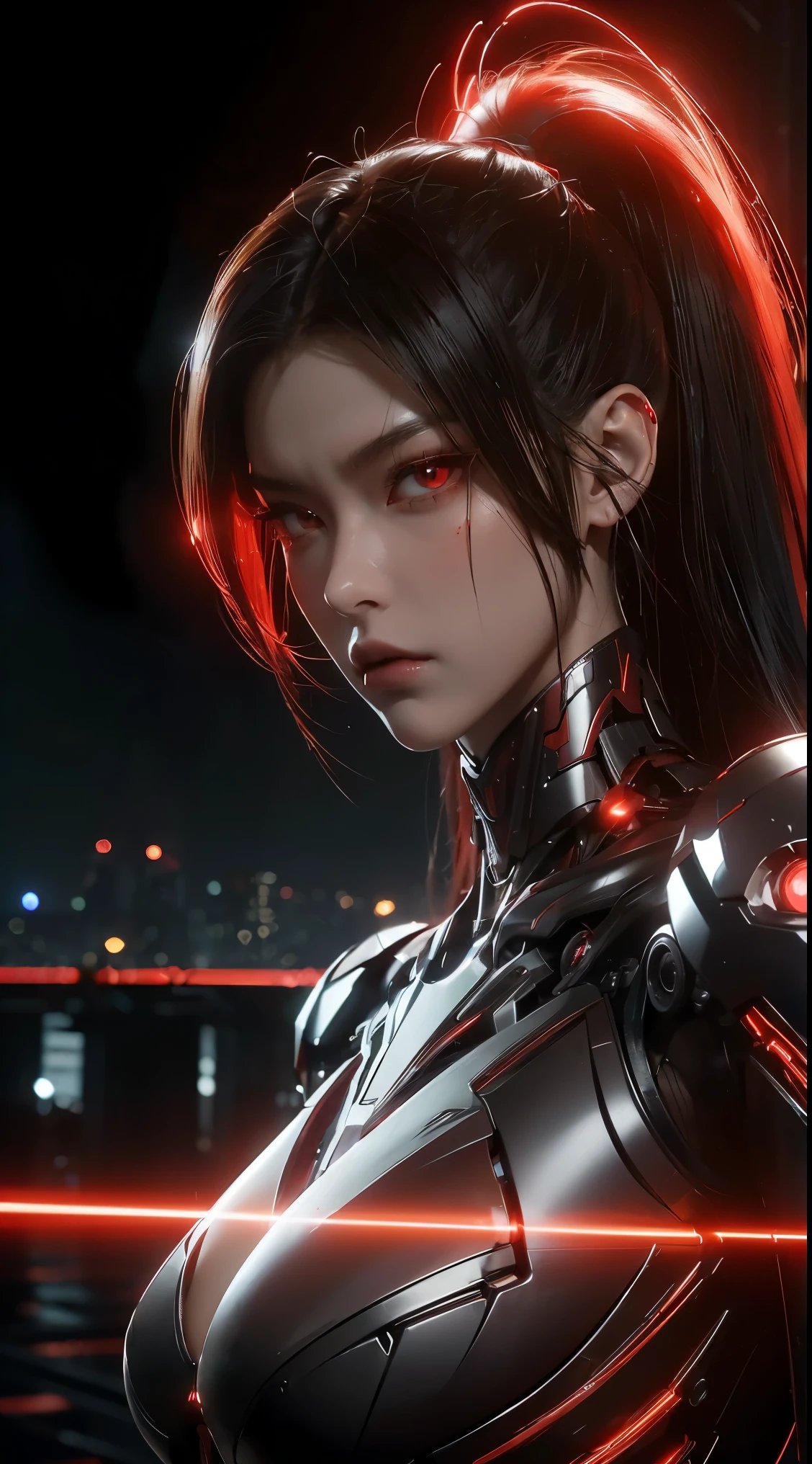 (best quality,ultra-detailed,realistic:1.37),woman cyborg,red eyes,evil,anime,huge ,sleek metallic body, full body photo, expressionless face,glowing circuits,enormous energy blade,mechanical limbs,dystopian city backdrop,neon lights reflection,dark and ominous atmosphere