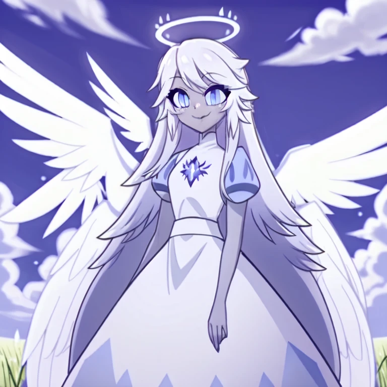 (in a green grassy field:1.1), sky, day, sun, clouds, a girl, angel, angel wings, blue eyes, colored skin, Emily, grey skin:1.2, halo, light blue sclera, long hair, closed mouth, , smile, very long hair, white dress, white hair, colored skin,  