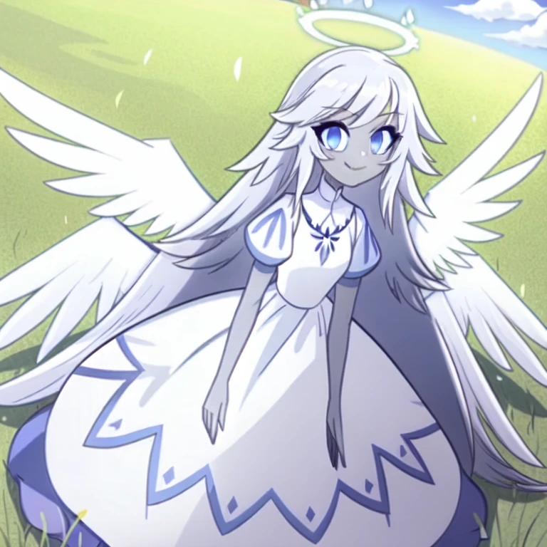 (in a green grassy field:1.1), sky, day, sun, clouds, a girl, angel, angel wings, blue eyes, colored skin, Emily, grey skin:1.2, halo, light blue sclera, long hair, closed mouth, , smile, very long hair, white dress, white hair, colored skin,  