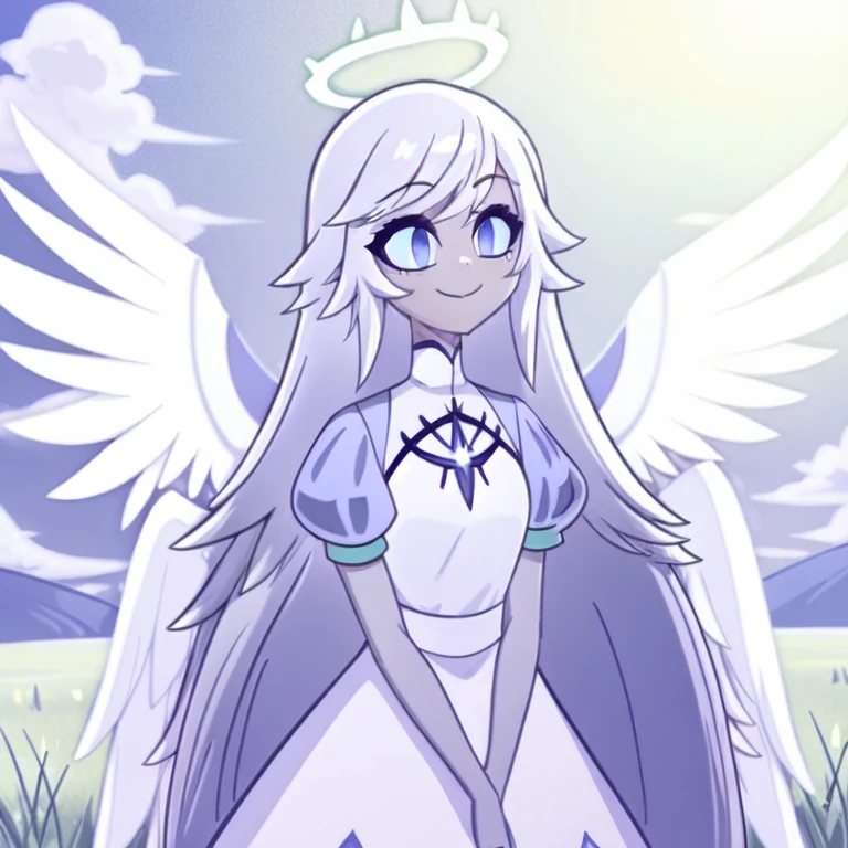 (in a green grassy field:1.1), sky, day, sun, clouds, a girl, angel, angel wings, blue eyes, colored skin, Emily, grey skin:1.2, halo, light blue sclera, long hair, closed mouth, , smile, very long hair, white dress, white hair, colored skin,  