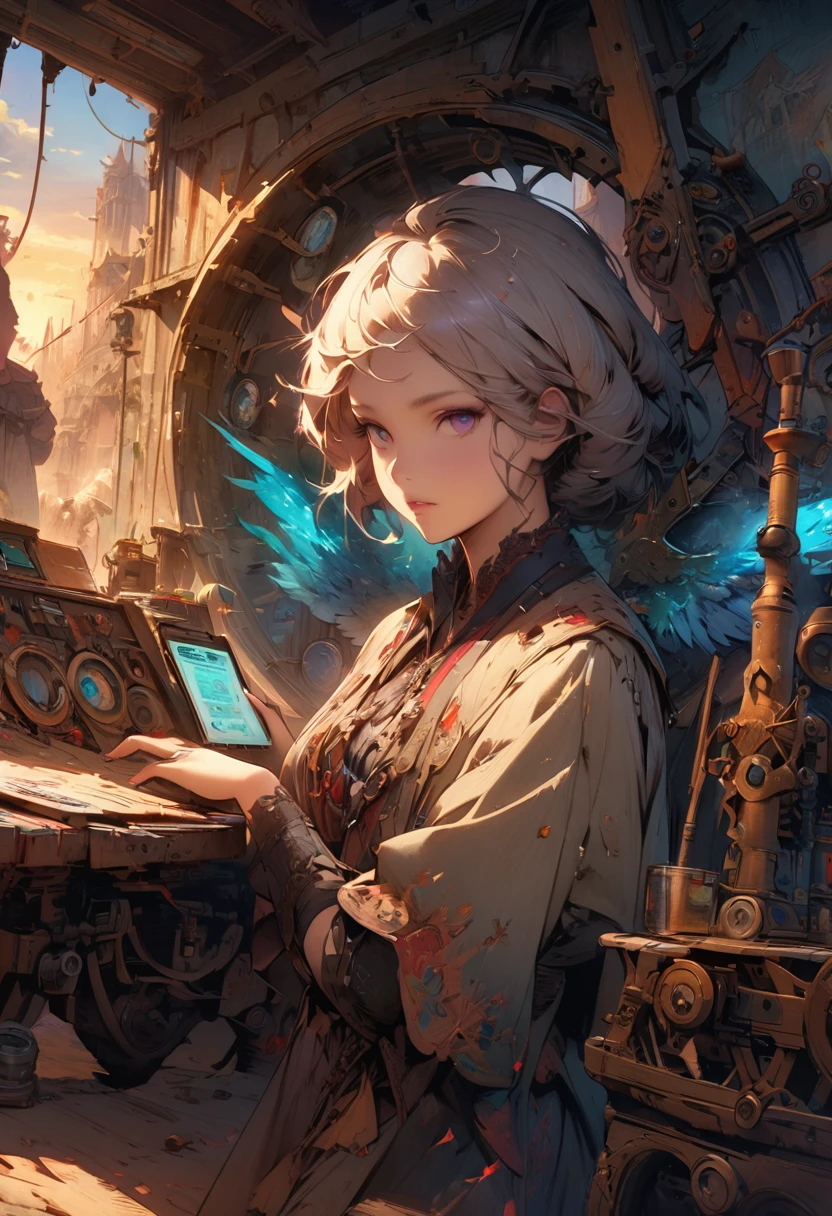 Close-up portrait of a handsome (sks people),Post-apocalyptic winged fire mage, Wheels within wheels, elegant, Very detailed, number, art station, concept art, Smooth, Clear focus, illustration, Krenz Cushat、Artworks by Artem Demura and Alphonse Mucha, ((There is fire in the hand))