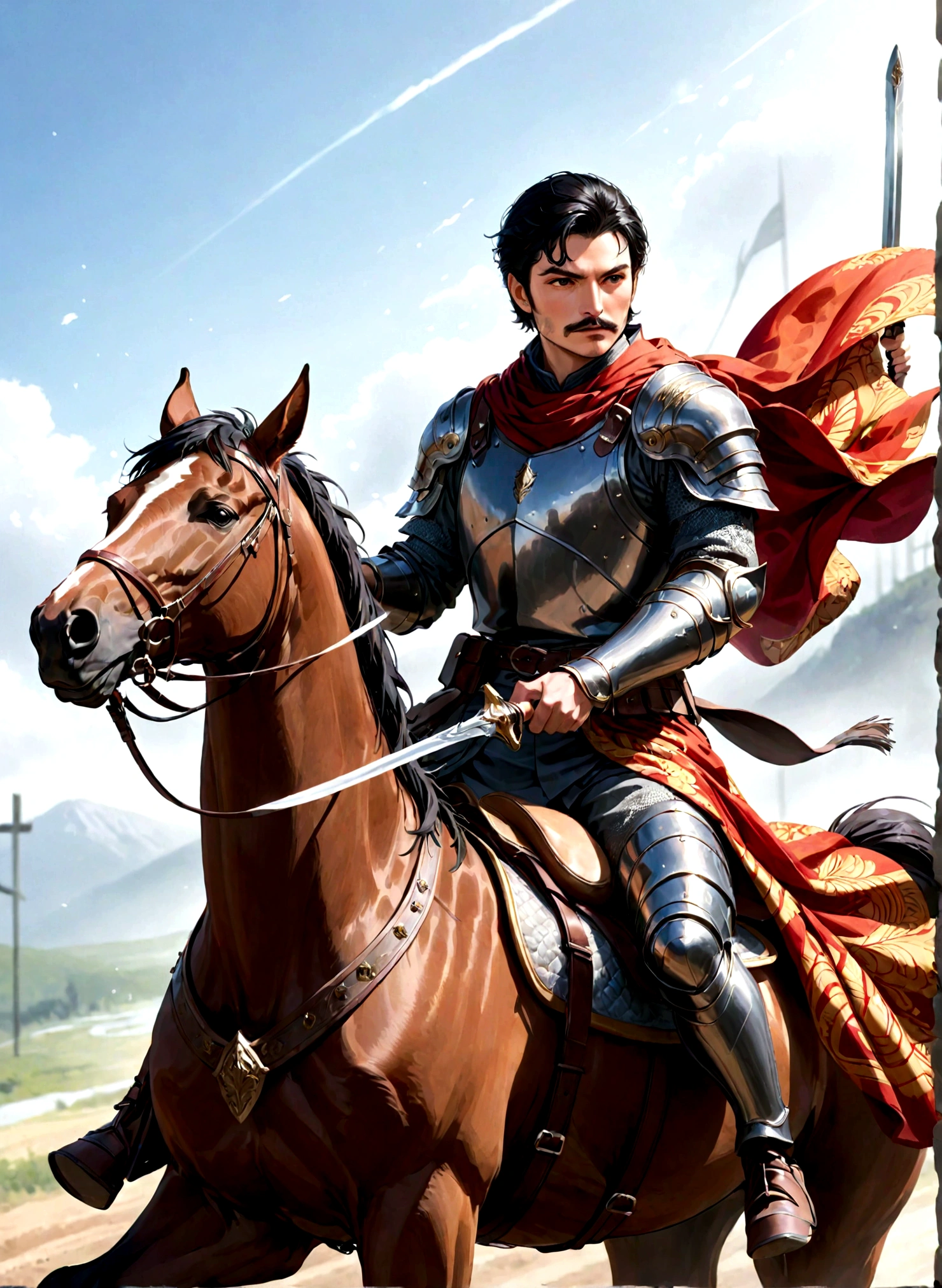 solo, black hair, 1boy, helmet, holding, weapon, male focus, sword, cape, armor, facial hair, beard, realistic, mustache, riding, horse, horseback riding