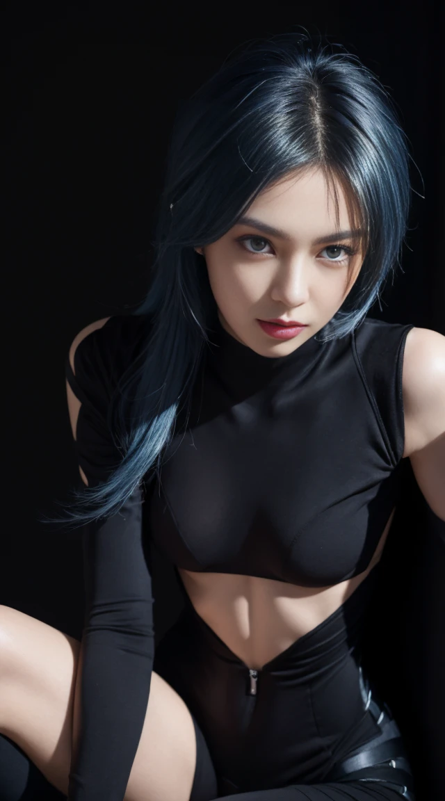 8K, Top Quality, Intricate Details, Ultra Detail, Ultra High Resolution, Masterpiece, close up shot, (full body: 1.1), Slender, Smile, (Makeup: 0.4), ((,)), (Fluffy blue Eyes: 1.21), (()), 1girl, solo, 1 girl, ((blue hair, bangs, long hair )), close up shot, , ((tall)), (((fit body))), (((slim face))), sharp face, (( )) , (detailed face), sharp face, small lips,  ((,)), , ((abaya,)), detailed face, detailed breast, , ((detailed nipples)), detail ass, Narrow Waist, Skinny, tall , 175 cm tall, Muscular, Navel, Exposed Abdomen, Pointed Chest,, Beautiful girl with accentuated slender abs: 1.4, Six Pack Abs: 1.4, Bust Botox, Big, Perfect Body, detail leg, (( dark background)), black background,