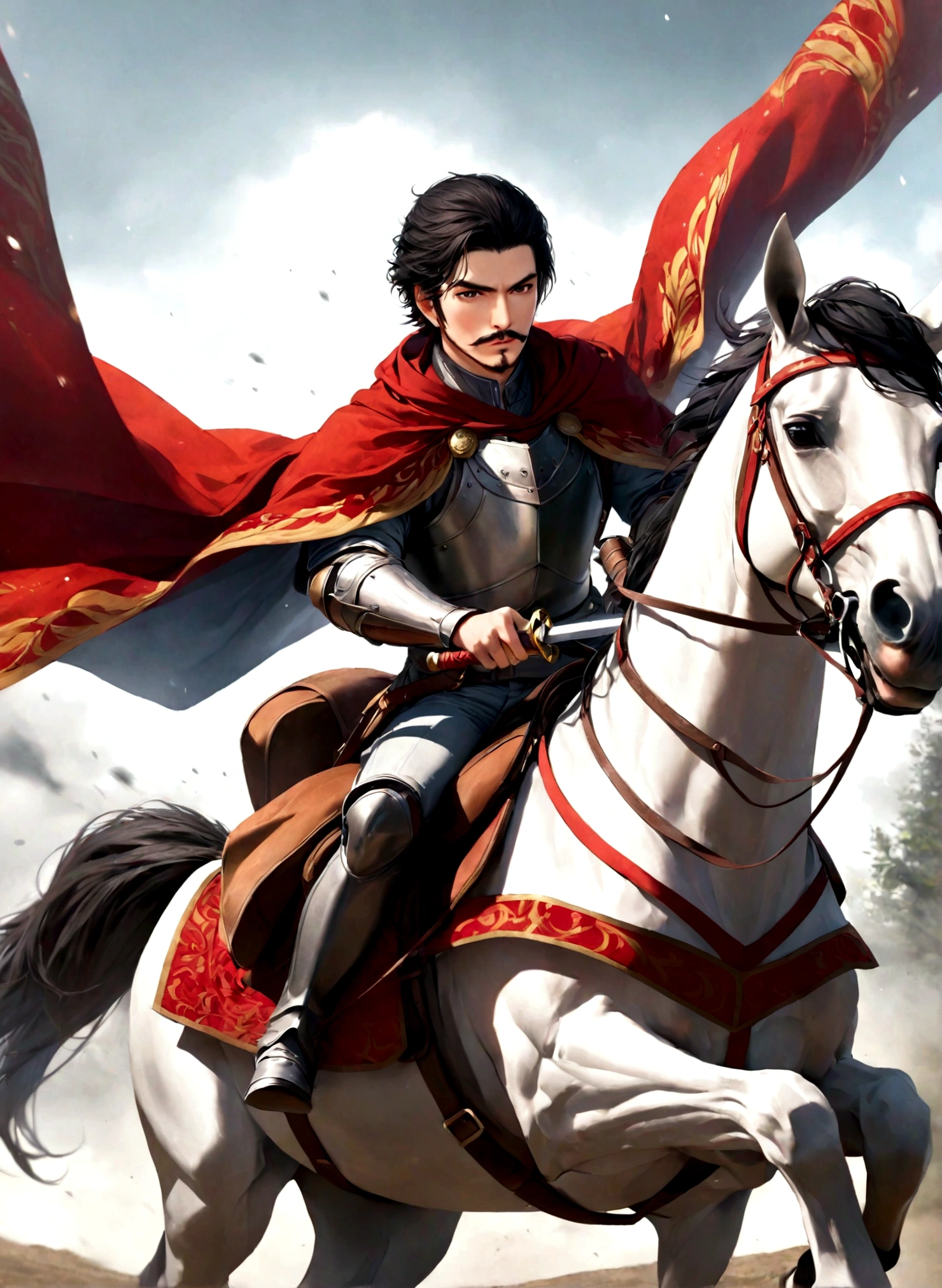 solo, black hair, 1boy, helmet, holding, weapon, male focus, sword, cape, armor, facial hair, beard, realistic, mustache, riding, horse, horseback riding
