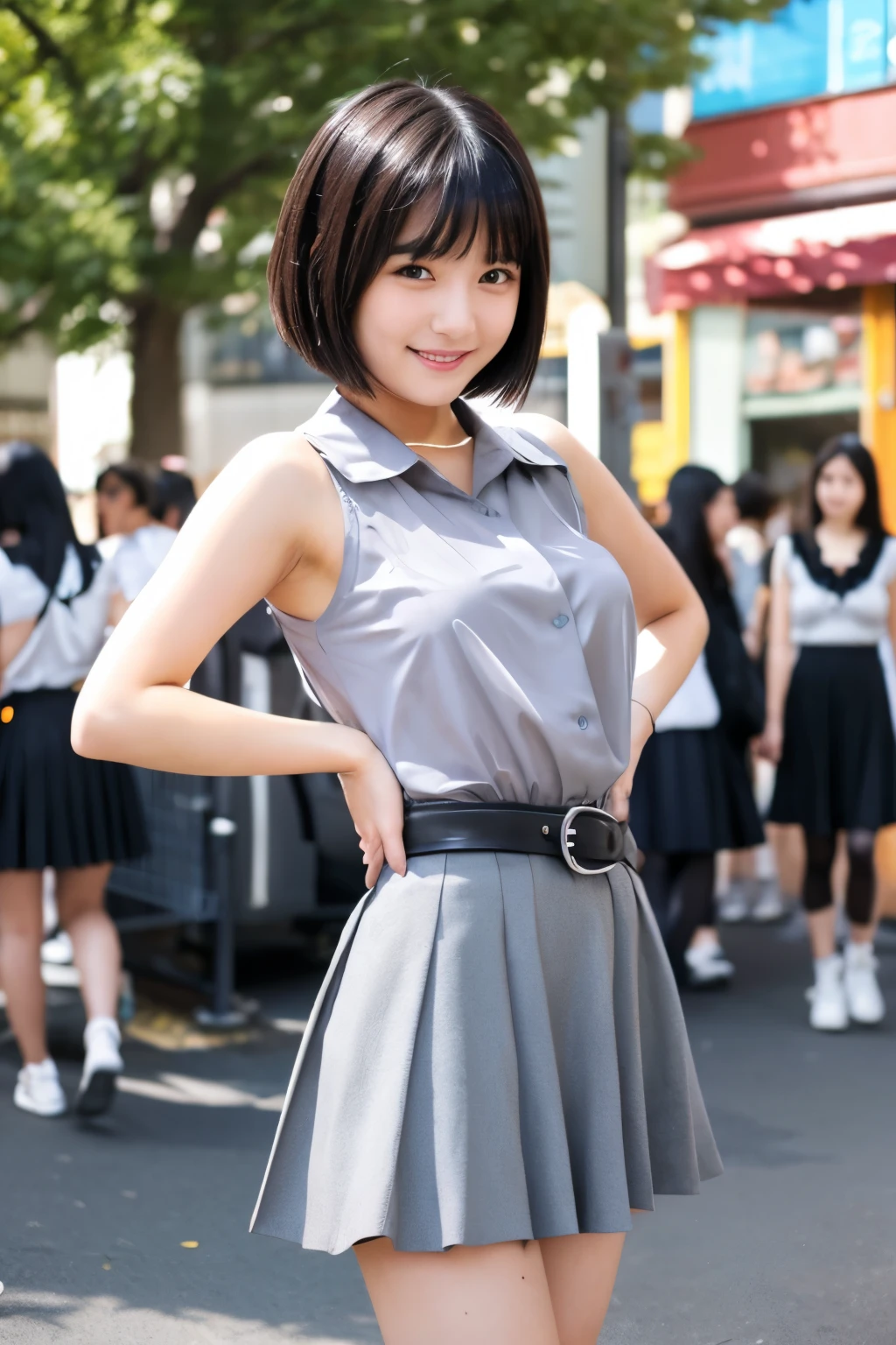 A very cute and beautiful Japanese high school girl is wearing a gray transparent low necked sleeveless top and a black leather skirt with silver decorations on the waistband. She has delicate makeup, long eyelashes, short hair, and a smiling expression. The background is a city street. The photo has a style in the style of a full body shot with real skin texture and super detailed facial details at a super resolution.