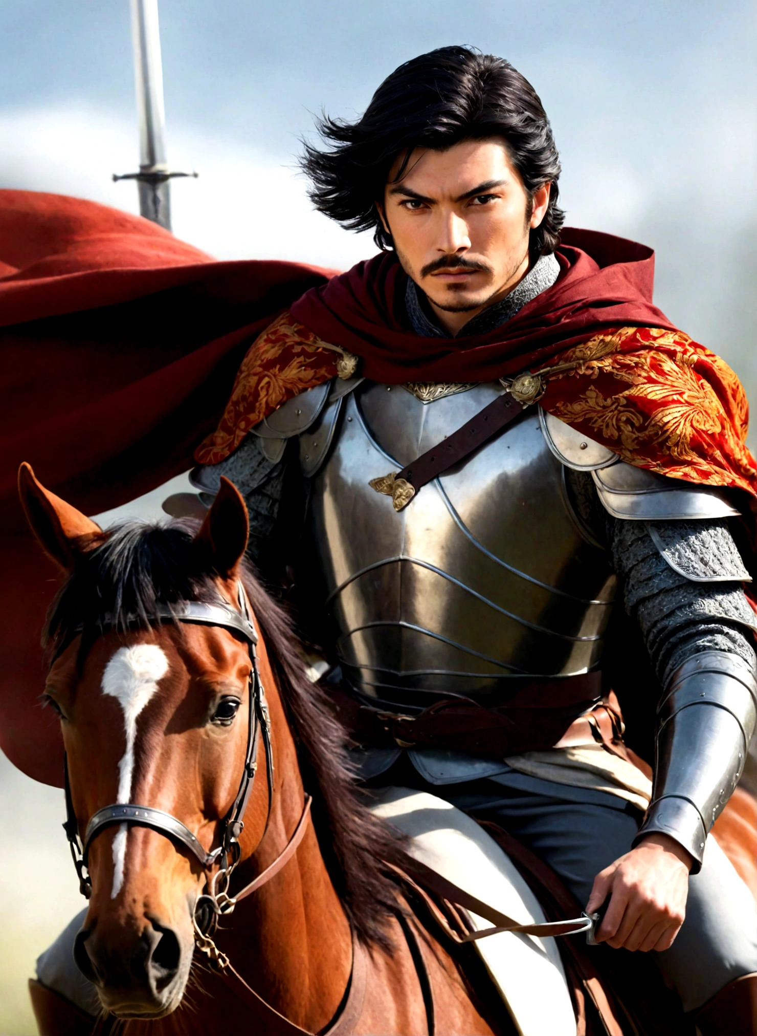 solo, black hair, 1boy, helmet, holding, weapon, male focus, sword, cape, armor, facial hair, beard, realistic, mustache, riding, horse, horseback riding