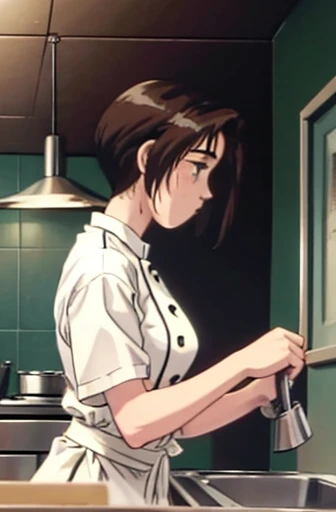  super fine illustration, highly detailed, dynamic angle, beautiful detailed, 8k, During lunch time, a kitchen as busy as a battlefield. BREAK A female chef is working hard, with a stern expression. BREAK She is using a frying pan and standing in front of the stove. BREAK Wearing a chef's coat and a tall chef's hat, her hair is short and neatly tied back. (Lora:1.3),{{masterpiece}},{highquality},{Super detailed},{Perfect Face},short hair,Brown Hair,Childhood friend,Sweaty,18years old,