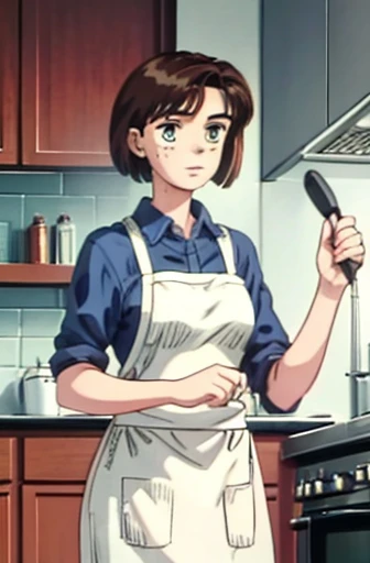  super fine illustration, highly detailed, dynamic angle, beautiful detailed, 8k, During lunch time, a kitchen as busy as a battlefield. BREAK A female chef is working hard, with a stern expression. BREAK She is using a frying pan and standing in front of the stove. BREAK Wearing a chef's coat and a tall chef's hat, her hair is short and neatly tied back. (Lora:1.3),{{masterpiece}},{highquality},{Super detailed},{Perfect Face},short hair,Brown Hair,hood friend,Sweaty,18years old,