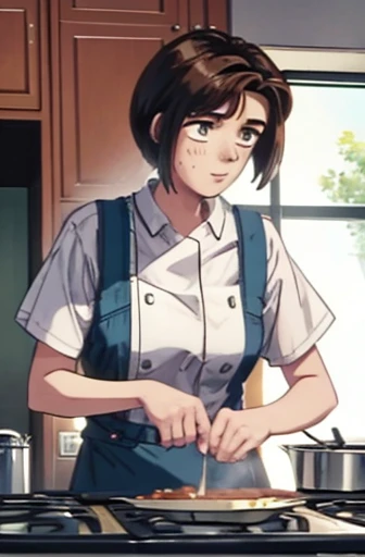  super fine illustration, highly detailed, dynamic angle, beautiful detailed, 8k, During lunch time, a kitchen as busy as a battlefield. BREAK A female chef is working hard, with a stern expression. BREAK She is using a frying pan and standing in front of the stove. BREAK Wearing a chef's coat and a tall chef's hat, her hair is short and neatly tied back. (Lora:1.3),{{masterpiece}},{highquality},{Super detailed},{Perfect Face},short hair,Brown Hair,Childhood friend,Sweaty,18years old,