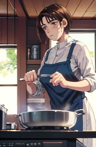  super fine illustration, highly detailed, dynamic angle, beautiful detailed, 8k, During lunch time, a kitchen as busy as a battlefield. BREAK A female chef is working hard, with a stern expression. BREAK She is using a frying pan and standing in front of the stove. BREAK Wearing a chef's coat and a tall chef's hat, her hair is short and neatly tied back. (Lora:1.3),{{masterpiece}},{highquality},{Super detailed},{Perfect Face},short hair,Brown Hair,Childhood friend,Sweaty,18years old,