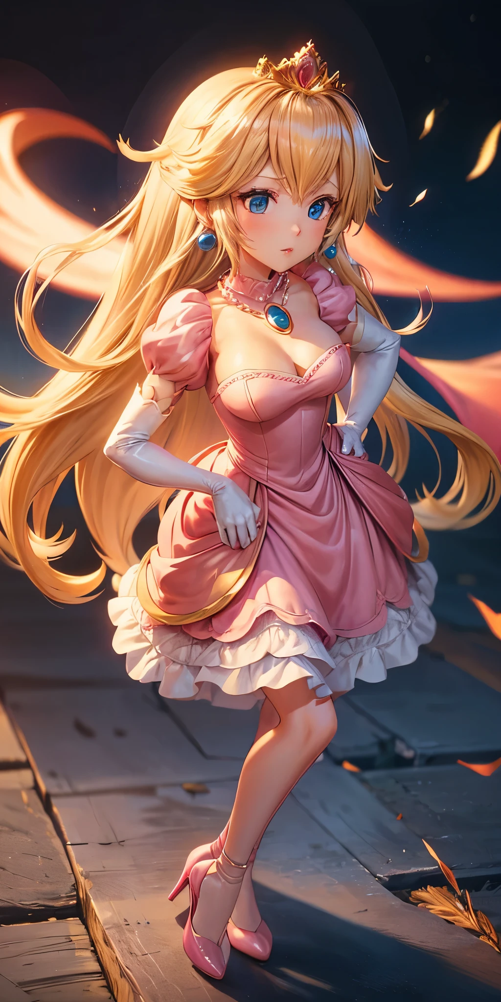 8k, high resolution, 最high resolution, masterpiece, Long Hair, 1 person, 1 woman, Princess Peach, Peach, No background, White background, Dynamic Background, Long Hair, bangs, Wavy Hair, Blonde, Blonde Hair, crown, tiara, Pearl Earrings, Earrings, Pearl Earrings, Pearl Pendant, Pearl Necklace, Long gloves, Long gloves, (Pink Dress:1.2), High heels, Big Breasts, valley, From above, looking at the camera, Cowboy Shot, Join hands, Embarrassed face