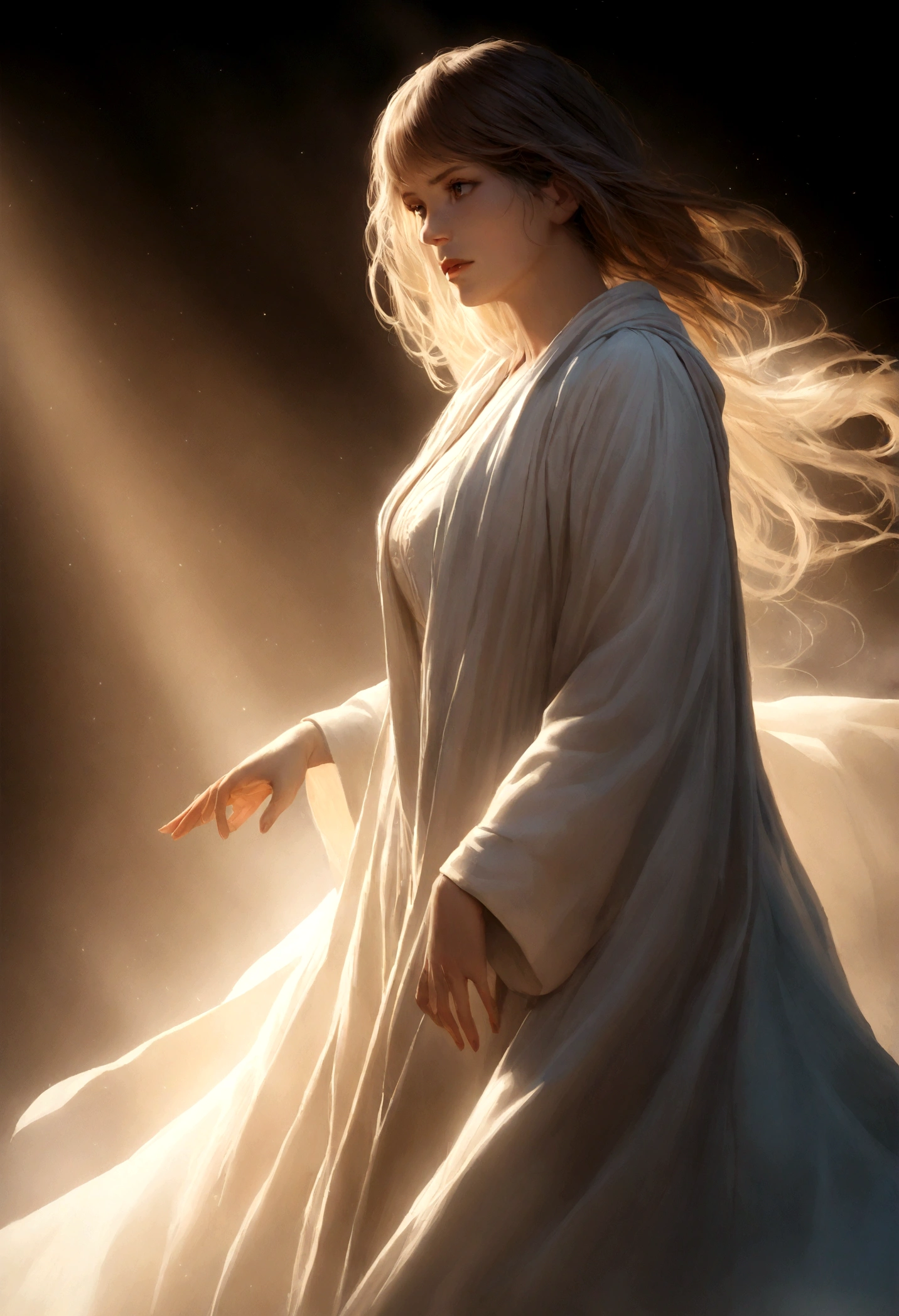 a beautiful woman with shining eyes, white lines on her robe, mist surrounding, photorealistic, highly detailed, cinematic lighting, dramatic atmosphere, serene, soft colors, flowing robe, dramatic pose