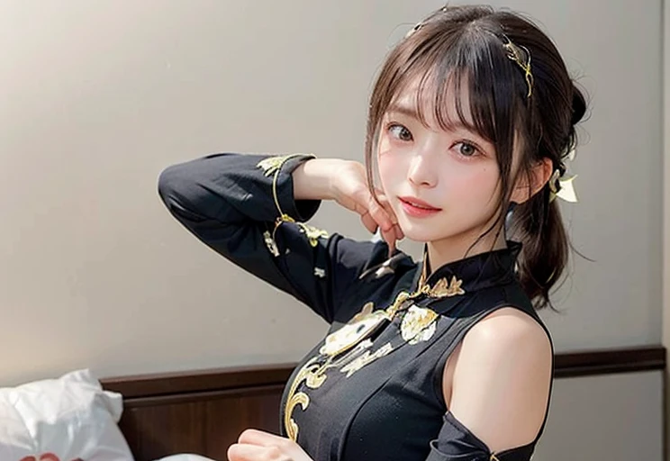 (((eyeをそらす,ponytail、The mouth teaches))),(((((Black Chinese Dress))))),(、Tabletop, One Girl, highest quality, Super detailed, (Shiny), (small)、(((with blush cheeks,))),Ray Tracing,Perfect lighting, (Milky skin:1.2),reflection, look up_in_Audience, blush, yellow_eye, The cutest 28-year-old girl in Japan、small ribbons in the hair、Contrast legs